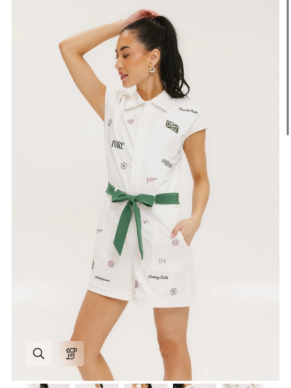 Women's White Sleeveless Golf Bomber Romper with Green Belt